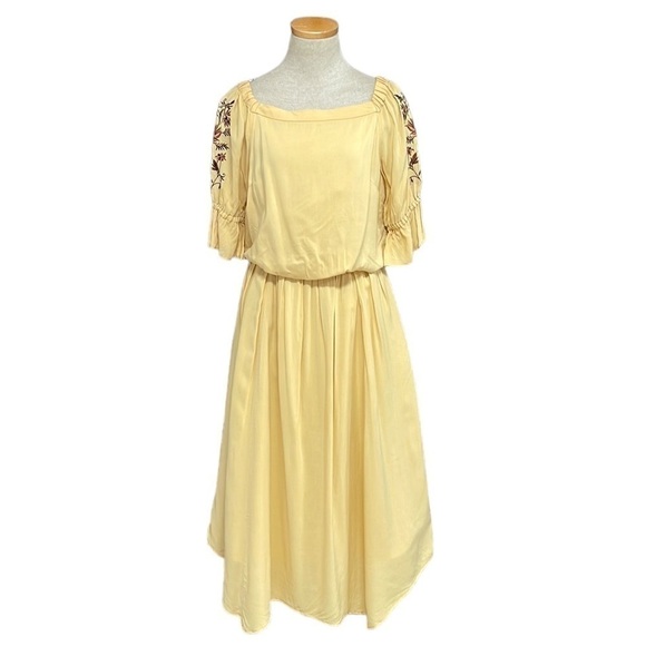Mystrada Dress Womens 38 Tan Blouson Midi Short Sleeve Embroidery Floral Pockets - Picture 1 of 17